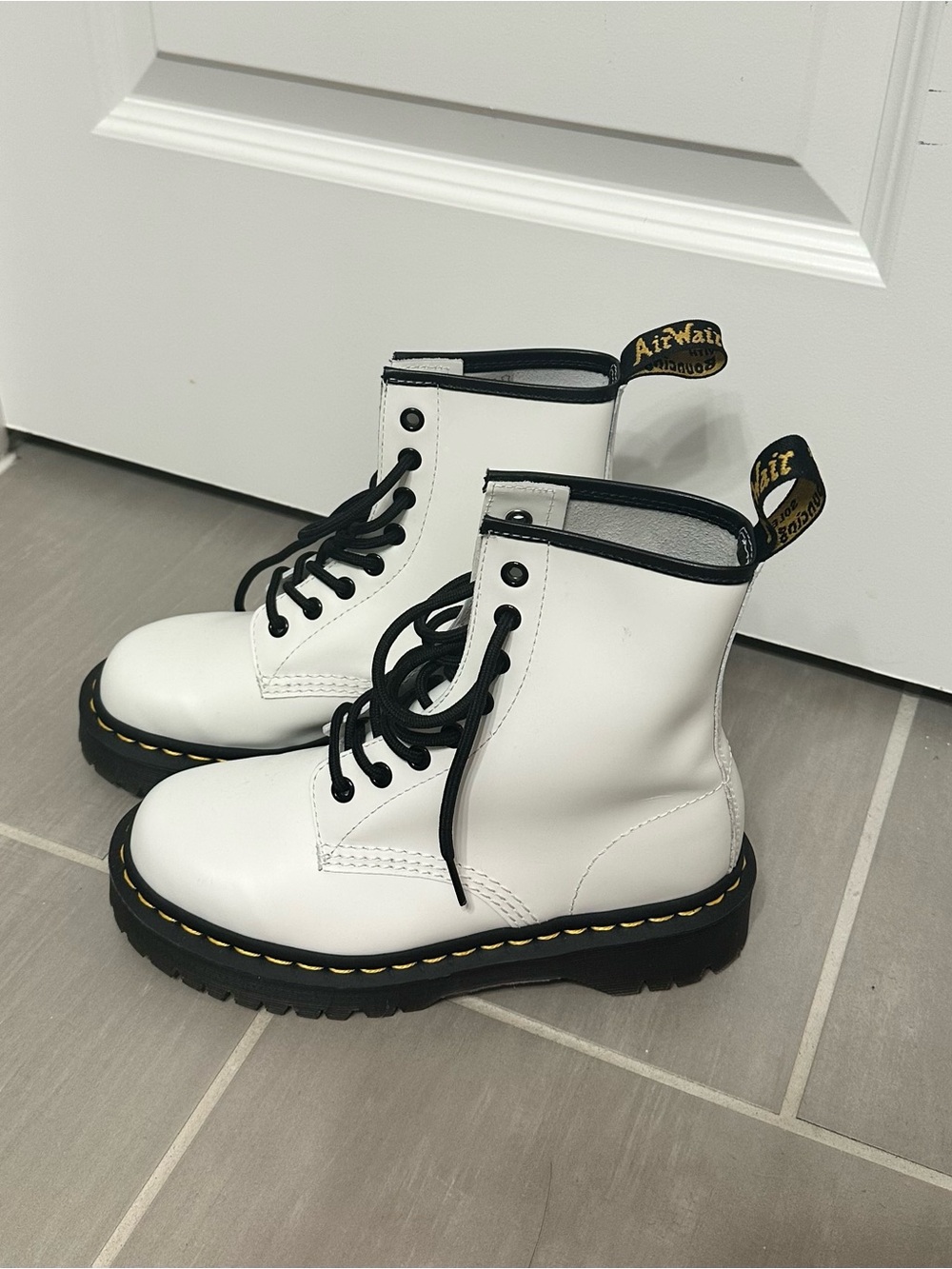 Dr. Martens White Leather Lace-Up Combat Boots with Black Trim Platform
